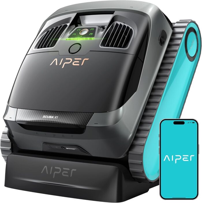 AIPER Scuba X1 Poolroboter mit App, 25200 LPH Mühelose Sauberkeit mit Doppel-Auslass, 3 μm Ultra-Feinfiltersystem, Horizontale Wasserlinienreinigung, Poolsauger Akku Ideal für Eingelassene Pools