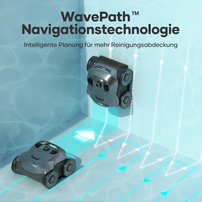 AIPER Poolroboter Boden und Wand, Quad-Motorensystem, WavePath Navigationstechnologie, 3 Reinigungsmodi, Wandklettern, Poolsauger Akku Kabellos, Poolroboter Ideal für Pool bis zu 150㎡